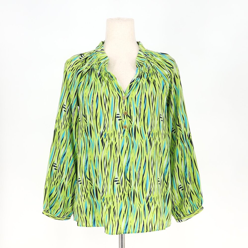 LILLY PULITZER Elsa Silk Top Blouse Size 2 Green Seaweed Fish